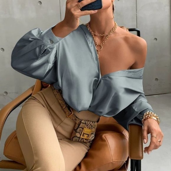 Button down Bishop Sleeve Shirt Blouse Dusty Blue - Picture 4 of 5